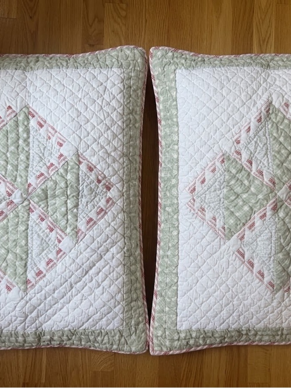 Source Unknown White Quilted Pillow Shams with Sage Green and Dusty Pink Trim